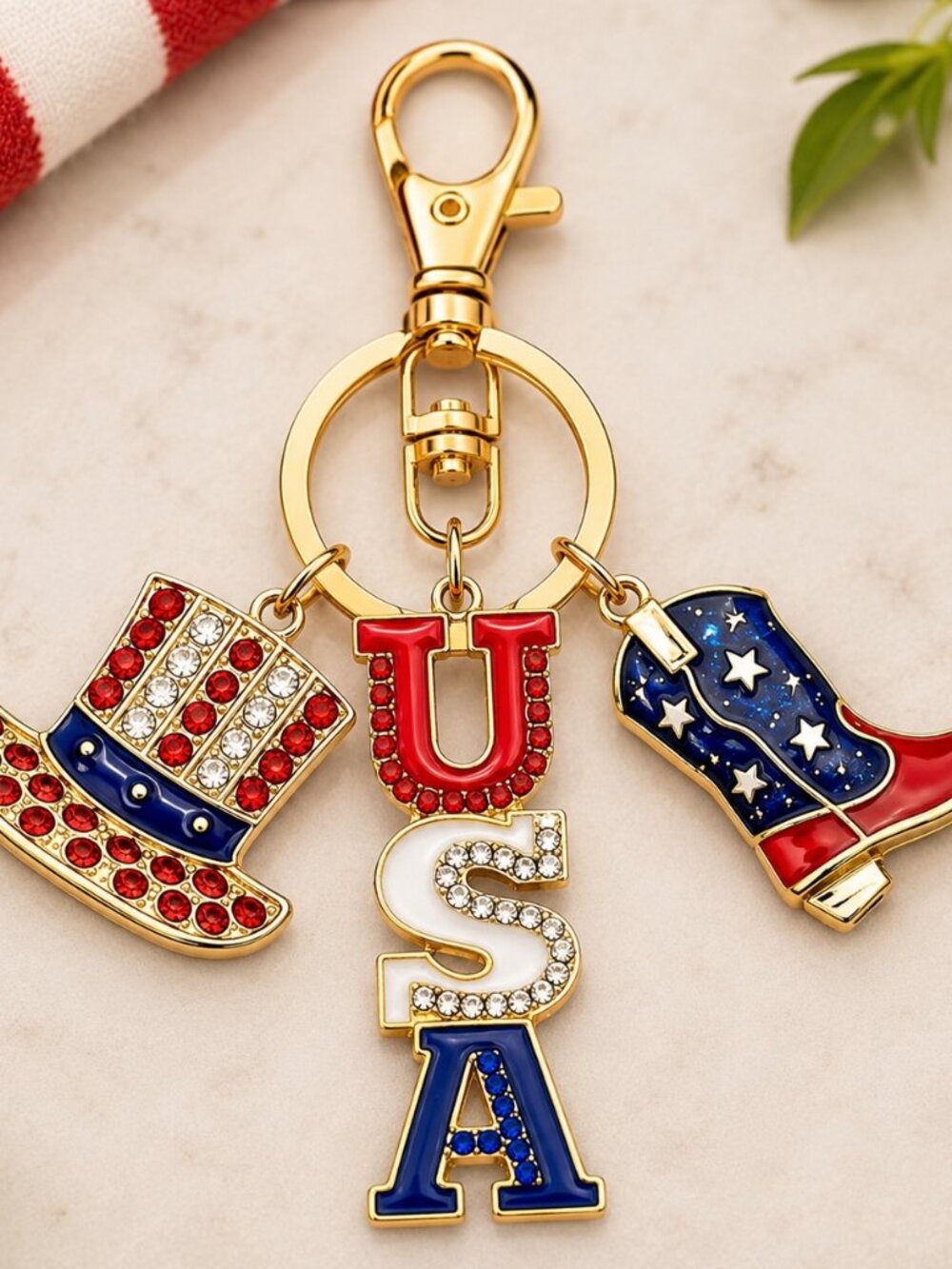 USA Bag Charm Keychain Patriotic Western Purse Charm Red White Blue Cowboy Boot